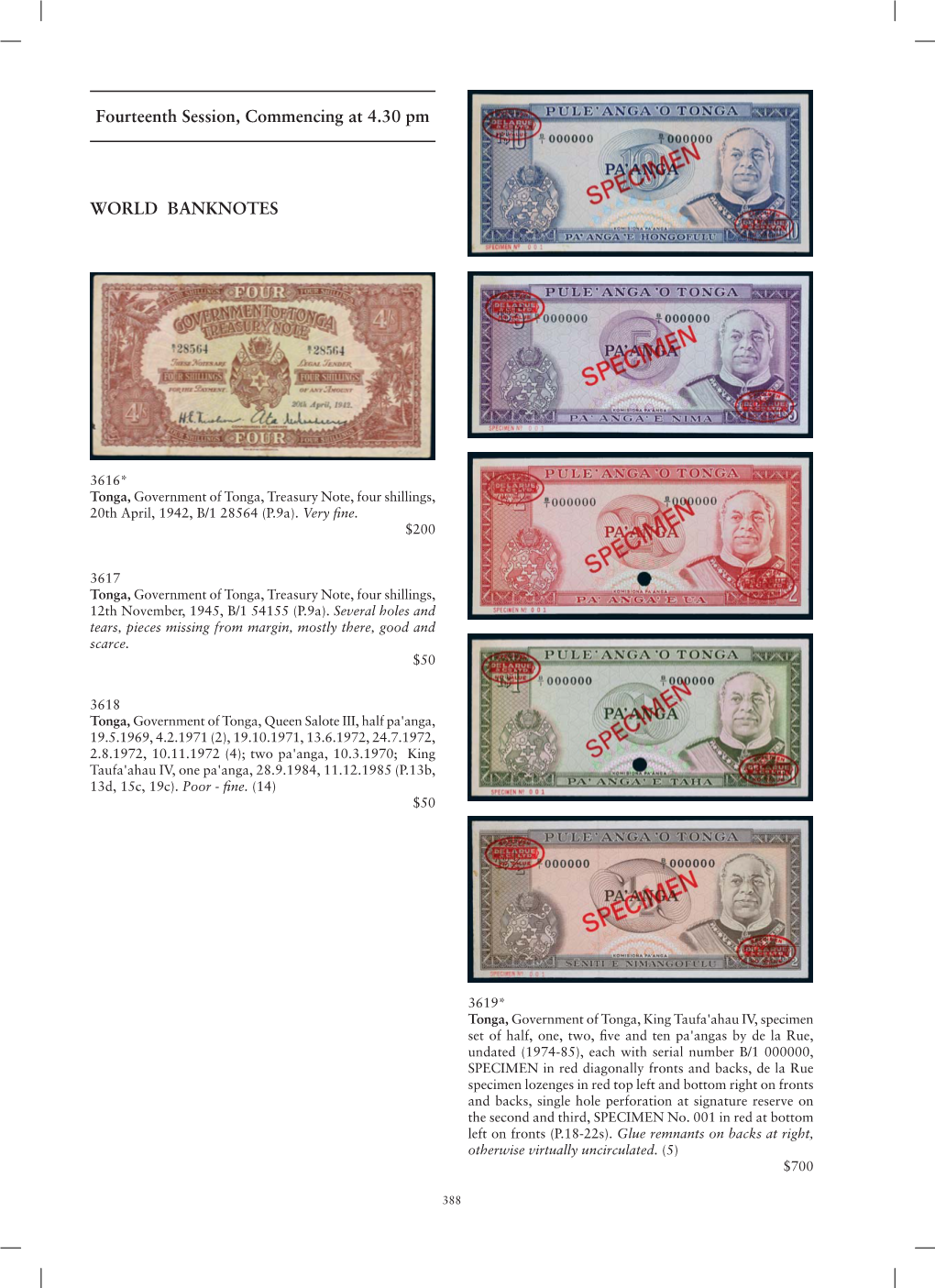 Fourteenth Session, Commencing at 4.30 Pm WORLD BANKNOTES