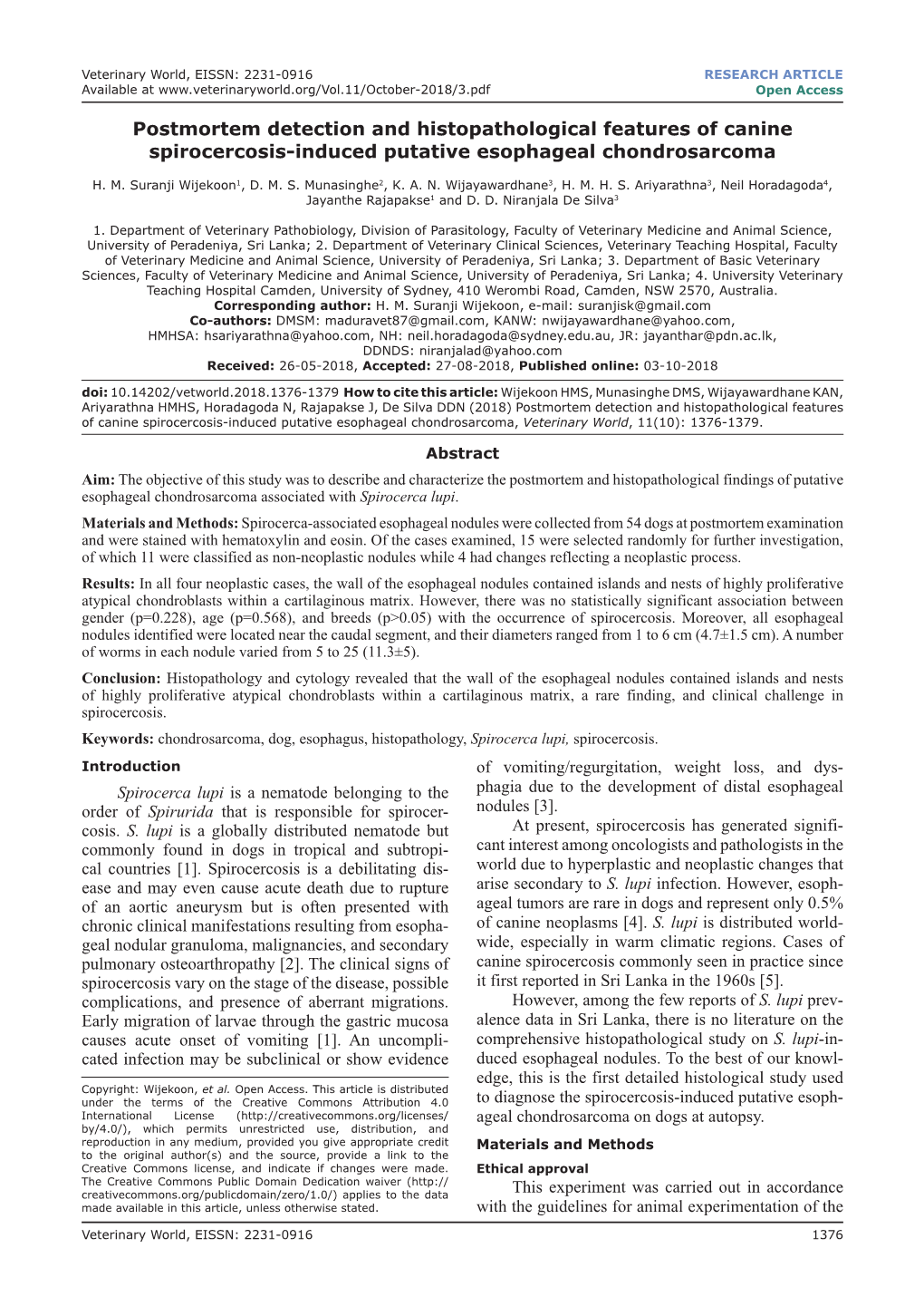 Postmortem Detection and Histopathological Features of Canine Spirocercosis-Induced Putative Esophageal Chondrosarcoma