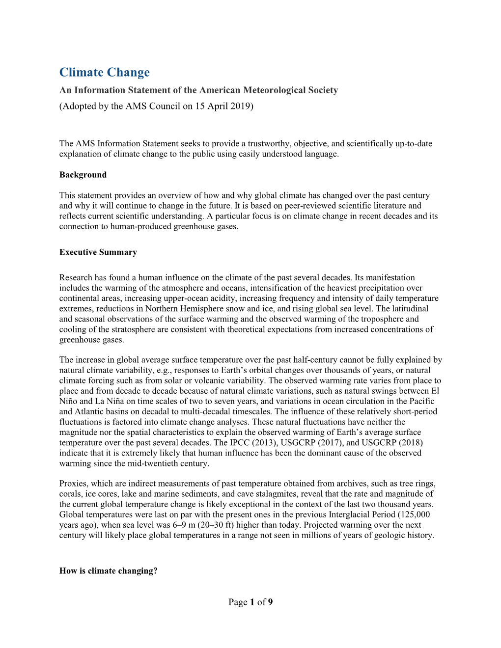 Climate Change an Information Statement of the American Meteorological Society (Adopted by the AMS Council on 15 April 2019)