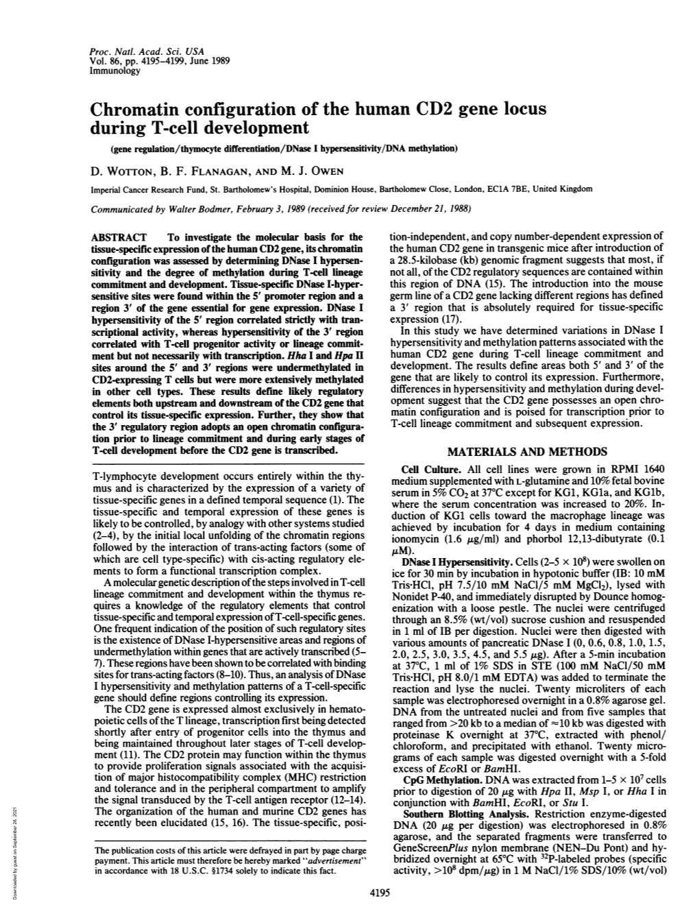 Chromatin Configuration of the Human CD2 Gene Locus During T-Cell Development (Gene Regulation/Thymocyte Differentiation/Dnase I Hypersensitivity/DNA Methylation) D