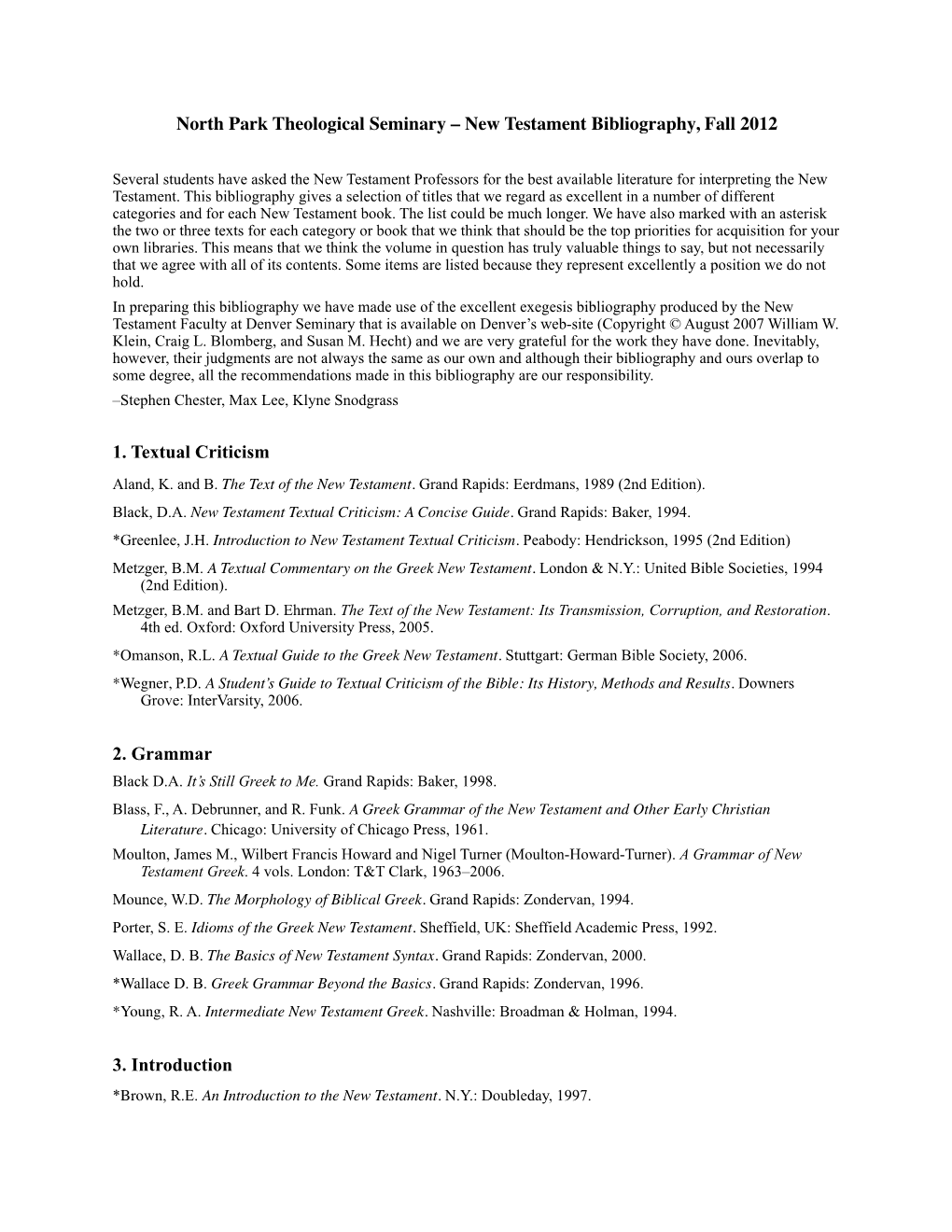 North Park Theological Seminary – New Testament Bibliography, Fall 2012