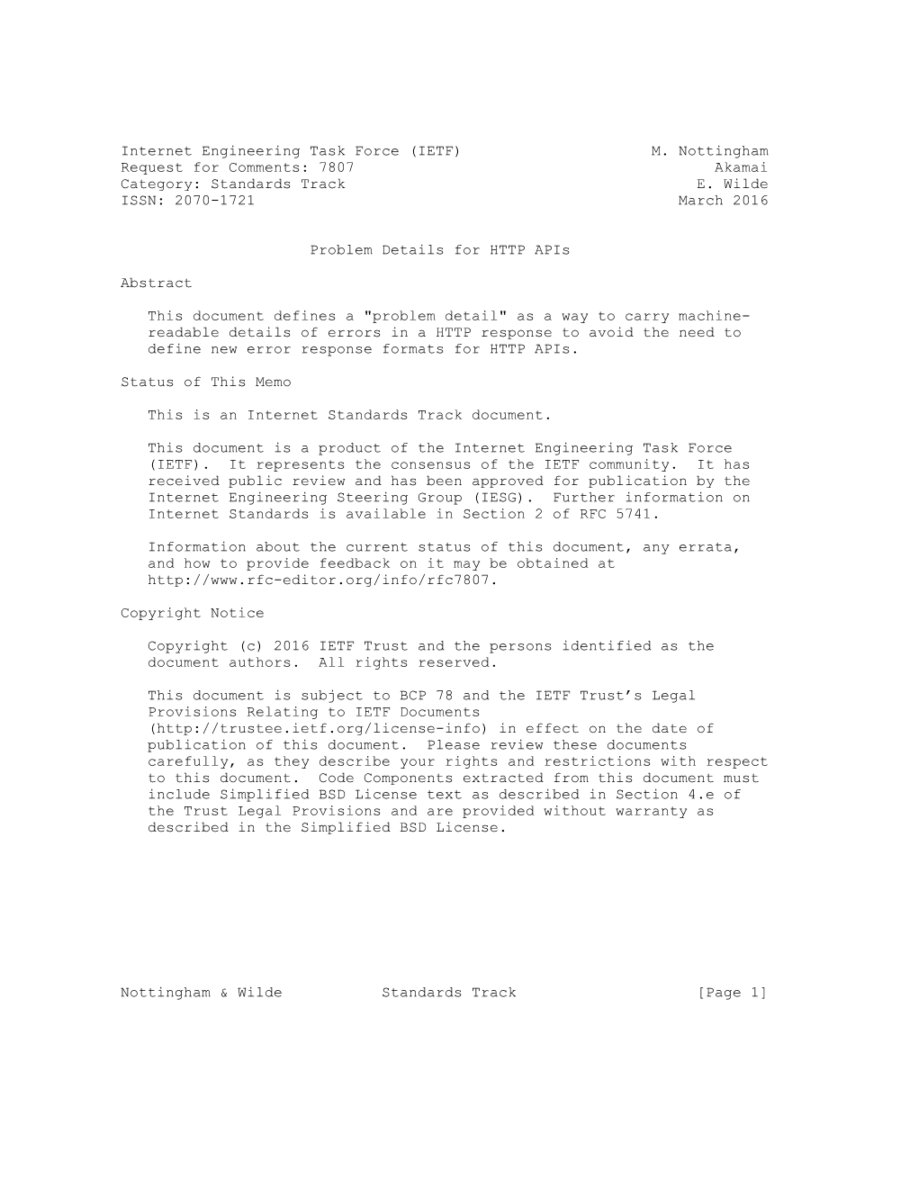 (IETF) M. Nottingham Request for Comments: 7807 Akamai Category: Standards Track E