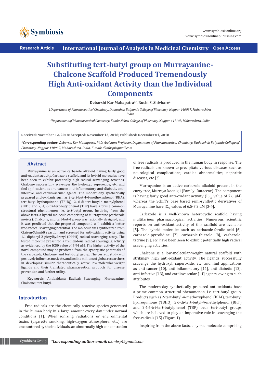 Substituting Tert-Butyl Group on Murrayanine-Chalcone Scaffold Produced Tremendously High Anti-Oxidant Activity Than the Individ