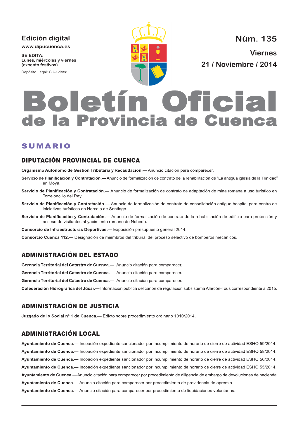 Boletín Oficial De La Provincia De Cuenca Sumario Diputación Provincial De Cuenca