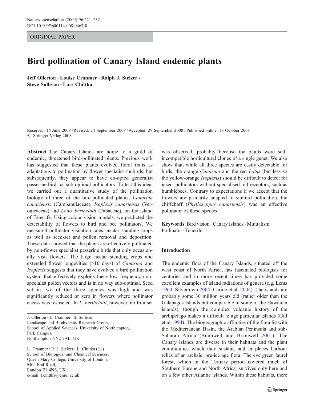 Bird Pollination of Canary Island Endemic Plants
