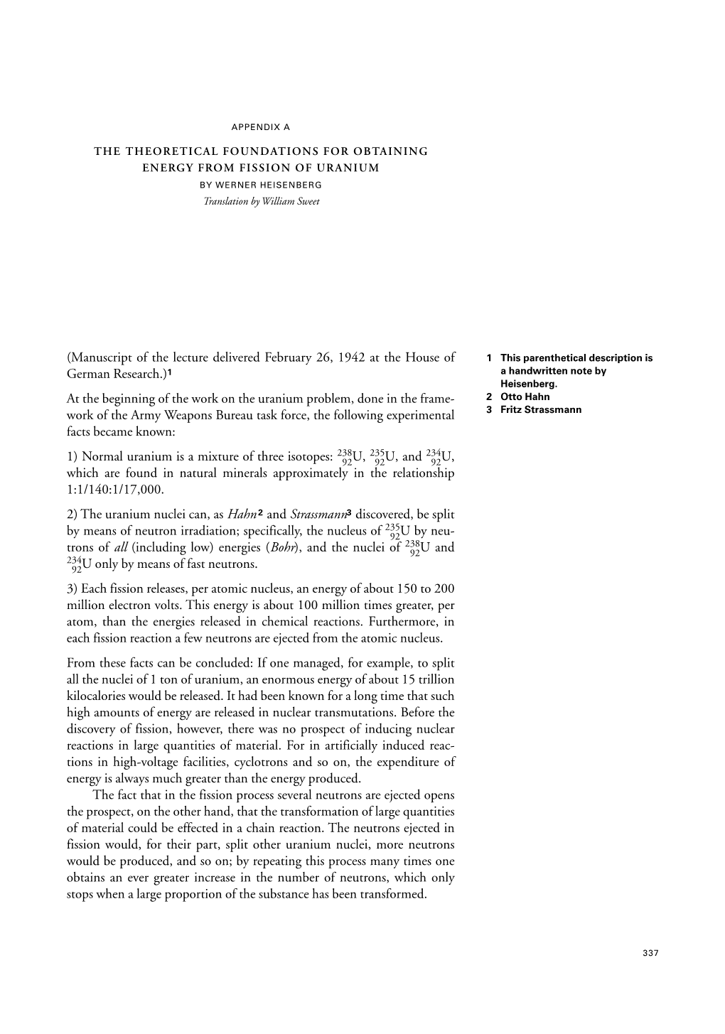 (Manuscript of the Lecture Delivered February 26, 1942 at the House of 1 This Parenthetical Description Is German Research.)1 a Handwritten Note by Heisenberg