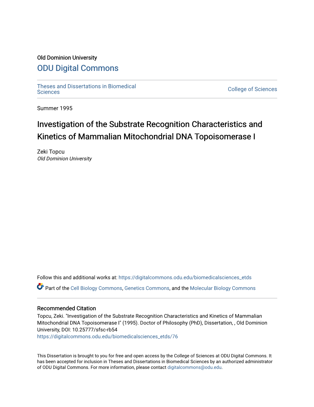 Investigation of the Substrate Recognition Characteristics and Kinetics of Mammalian Mitochondrial DNA Topoisomerase I