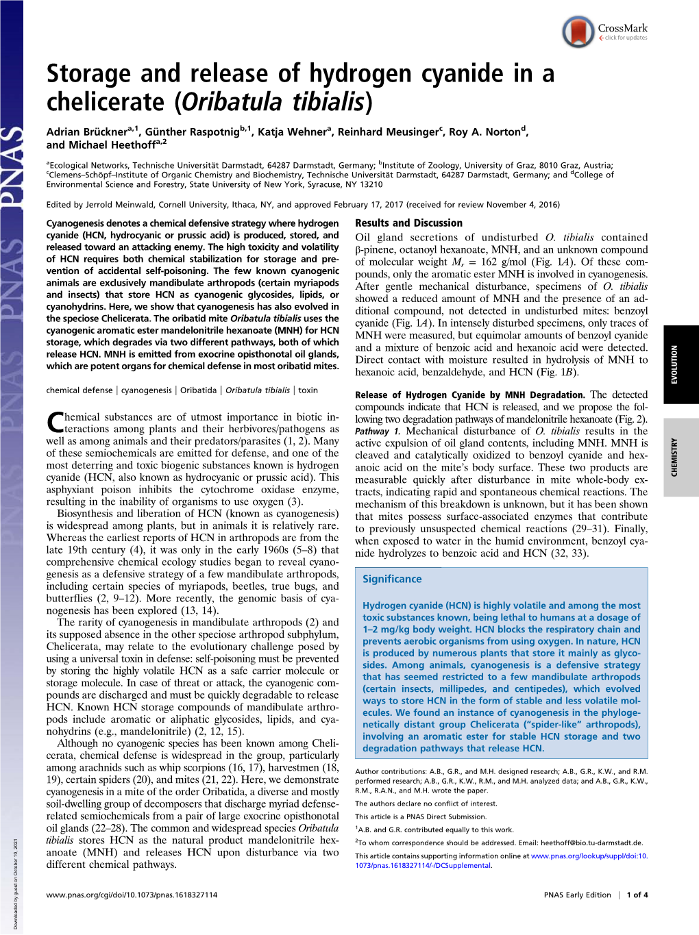 Storage and Release of Hydrogen Cyanide in a Chelicerate (Oribatula Tibialis)