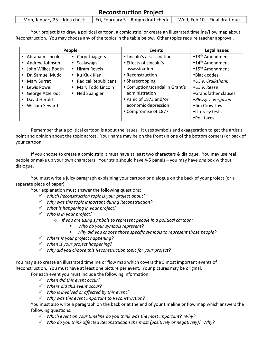 Reconstruction Project Mon, January 25 – Idea Check Fri, February 5 – Rough Draft Check Wed, Feb 10 – Final Draft Due