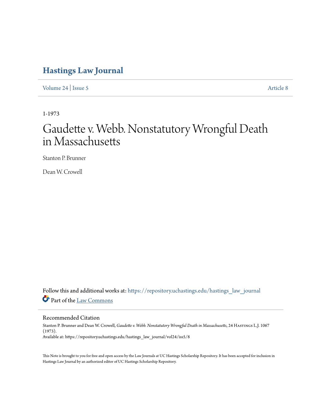 Gaudette V. Webb. Nonstatutory Wrongful Death in Massachusetts Stanton P