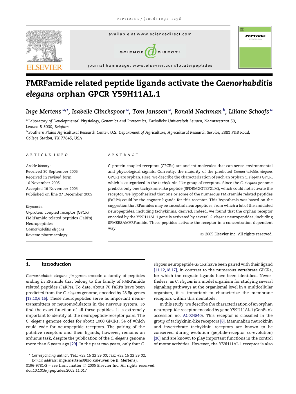 Fmrfamide Related Peptide Ligands Activate the Caenorhabditis Elegans Orphan GPCR Y59H11AL.1