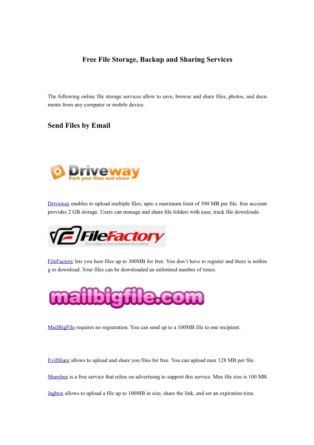 Free File Storage, Backup and Sharing Services