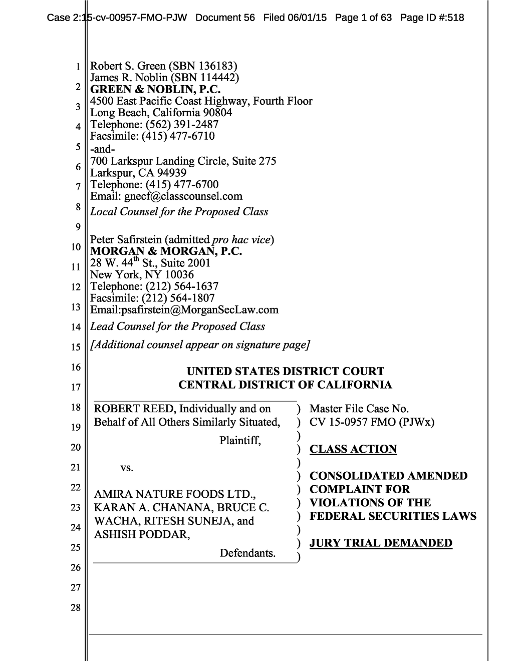 Robert Reed , Et Al. V. Amira Nature Foods Ltd., Et Al. 15-CV-00957