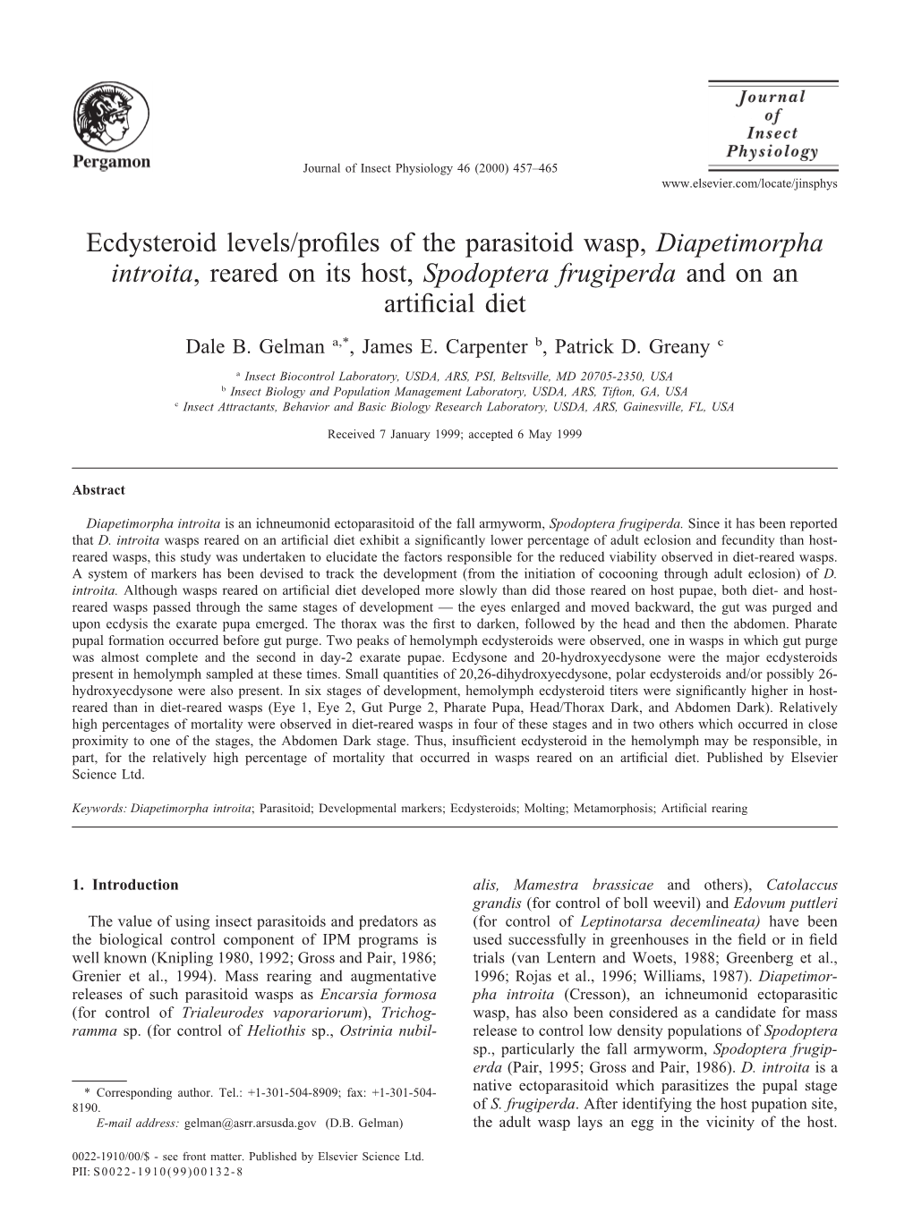 Ecdysteroid Levels/Profiles of the Parasitoid Wasp, Diapetimorpha