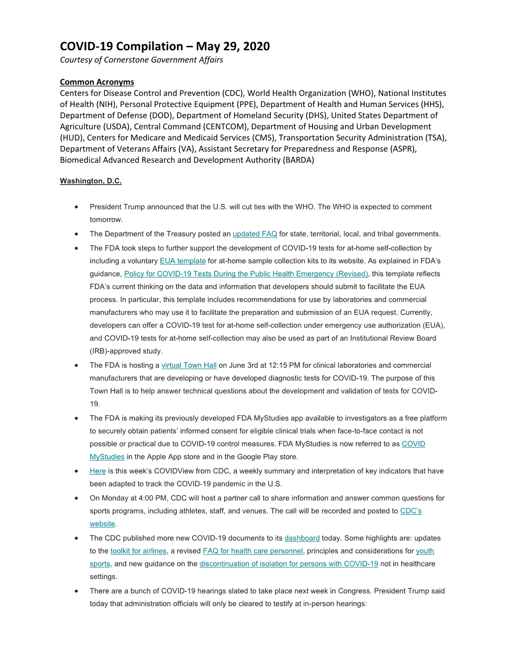 COVID-19 Compilation – May 29, 2020 Courtesy of Cornerstone Government Affairs