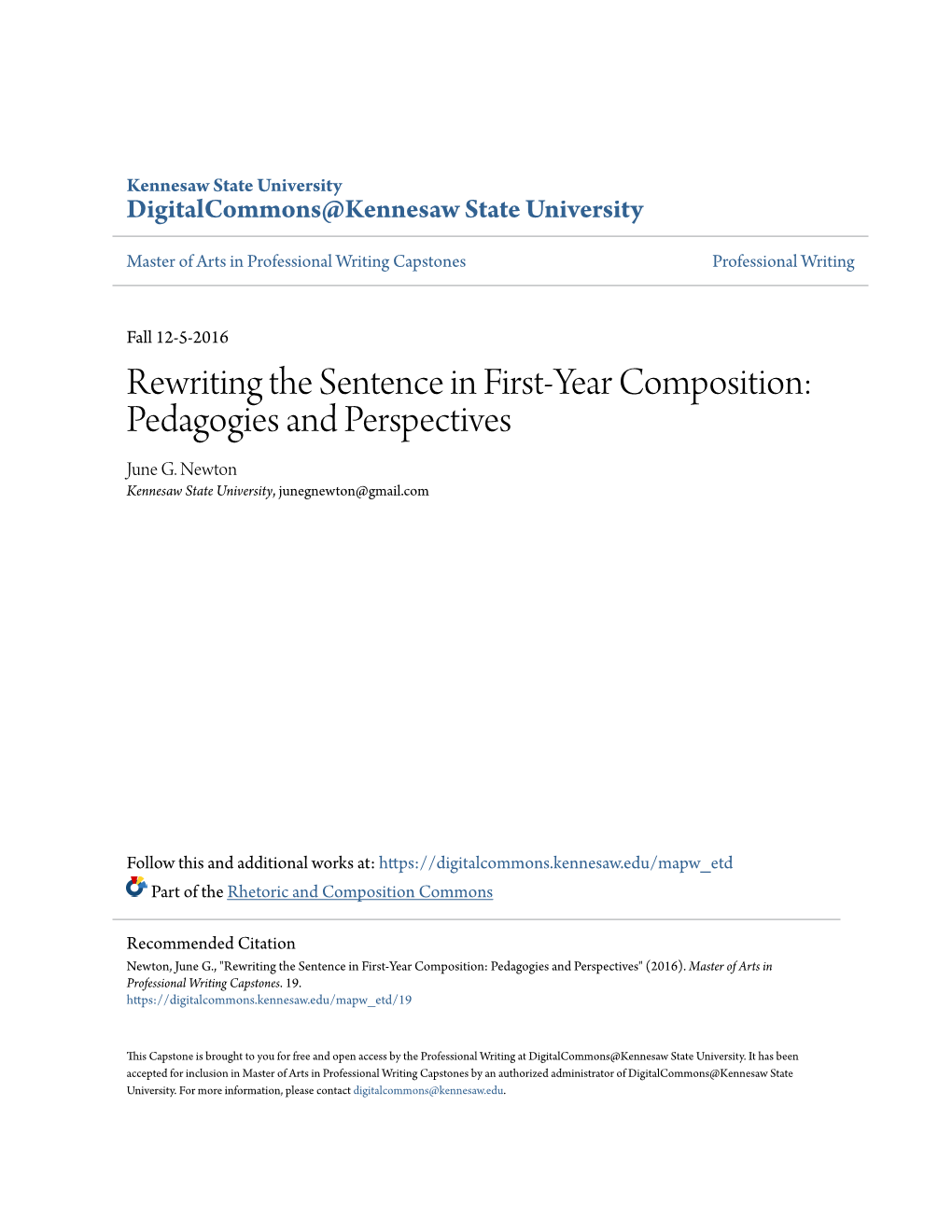 Rewriting the Sentence in First-Year Composition: Pedagogies and Perspectives June G