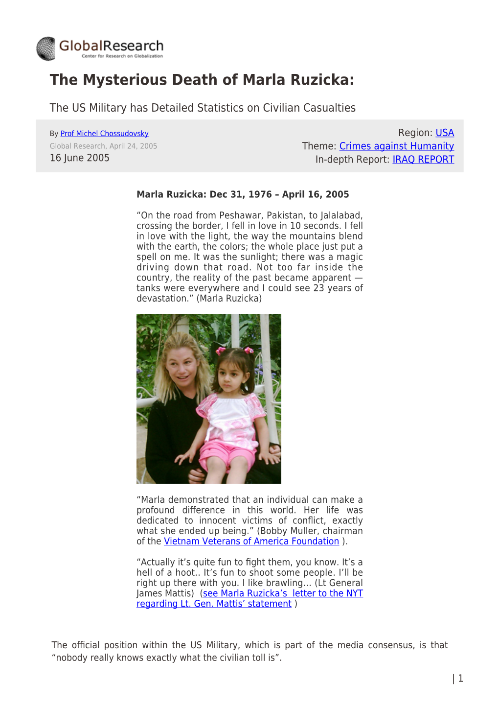 The Mysterious Death of Marla Ruzicka