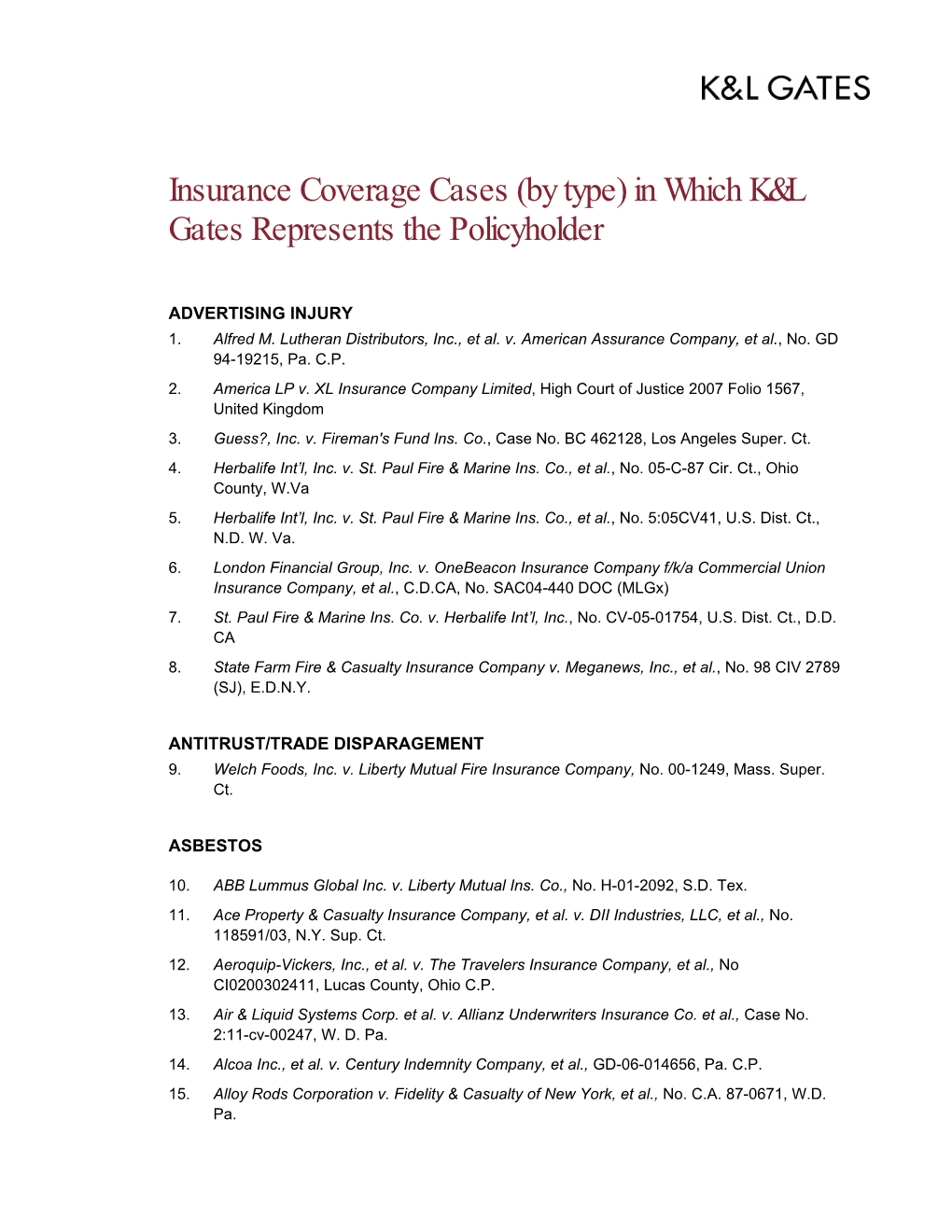 Insurance Coverage Cases (By Type) in Which K&L Gates Represents The