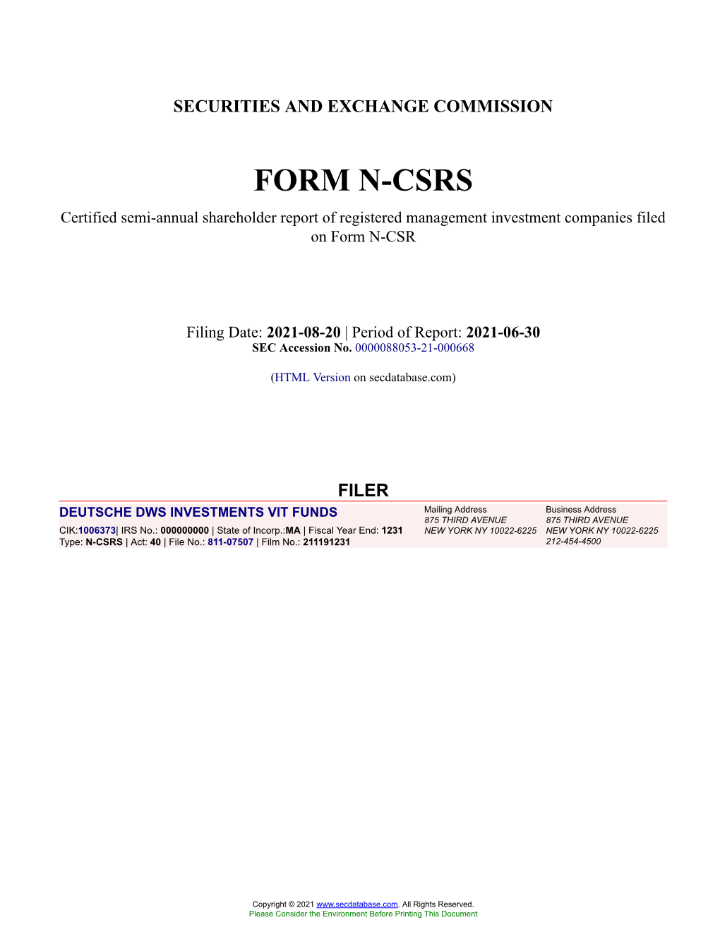 DEUTSCHE DWS INVESTMENTS VIT FUNDS Form N-CSRS Filed 2021