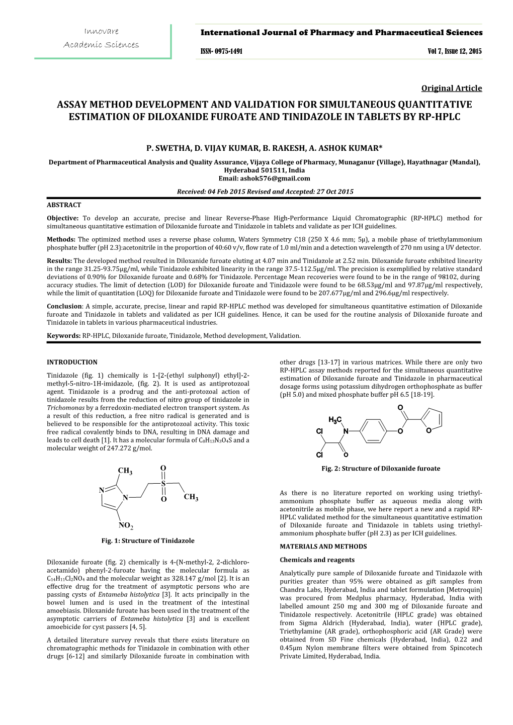 Assay Method Development and Validation for Simultaneous Quantitative Estimation of Diloxanide Furoate and Tinidazole in Tablets by Rp-Hplc