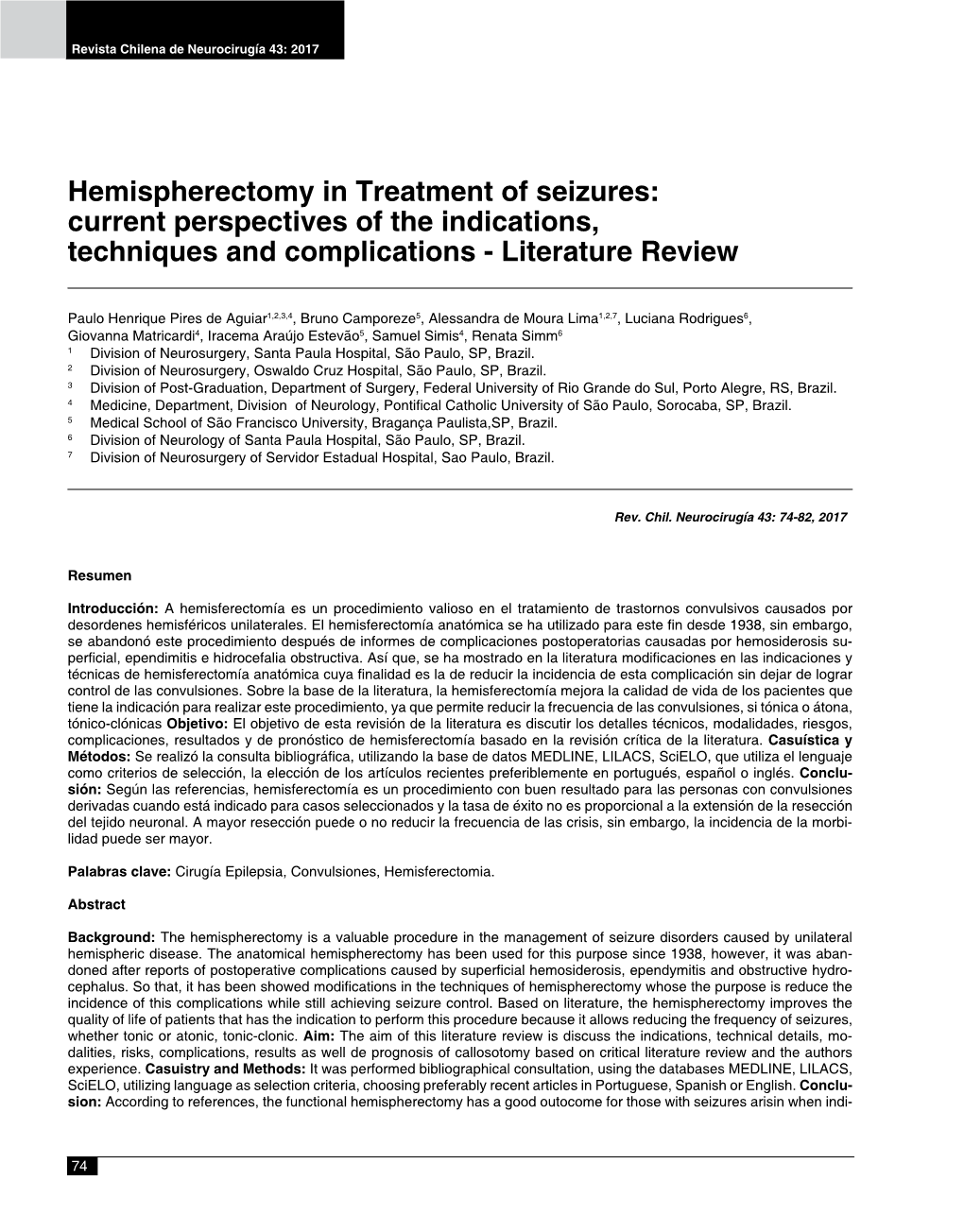Hemispherectomy in Treatment of Seizures: Current Perspectives of the Indications, Techniques and Complications - Literature Review