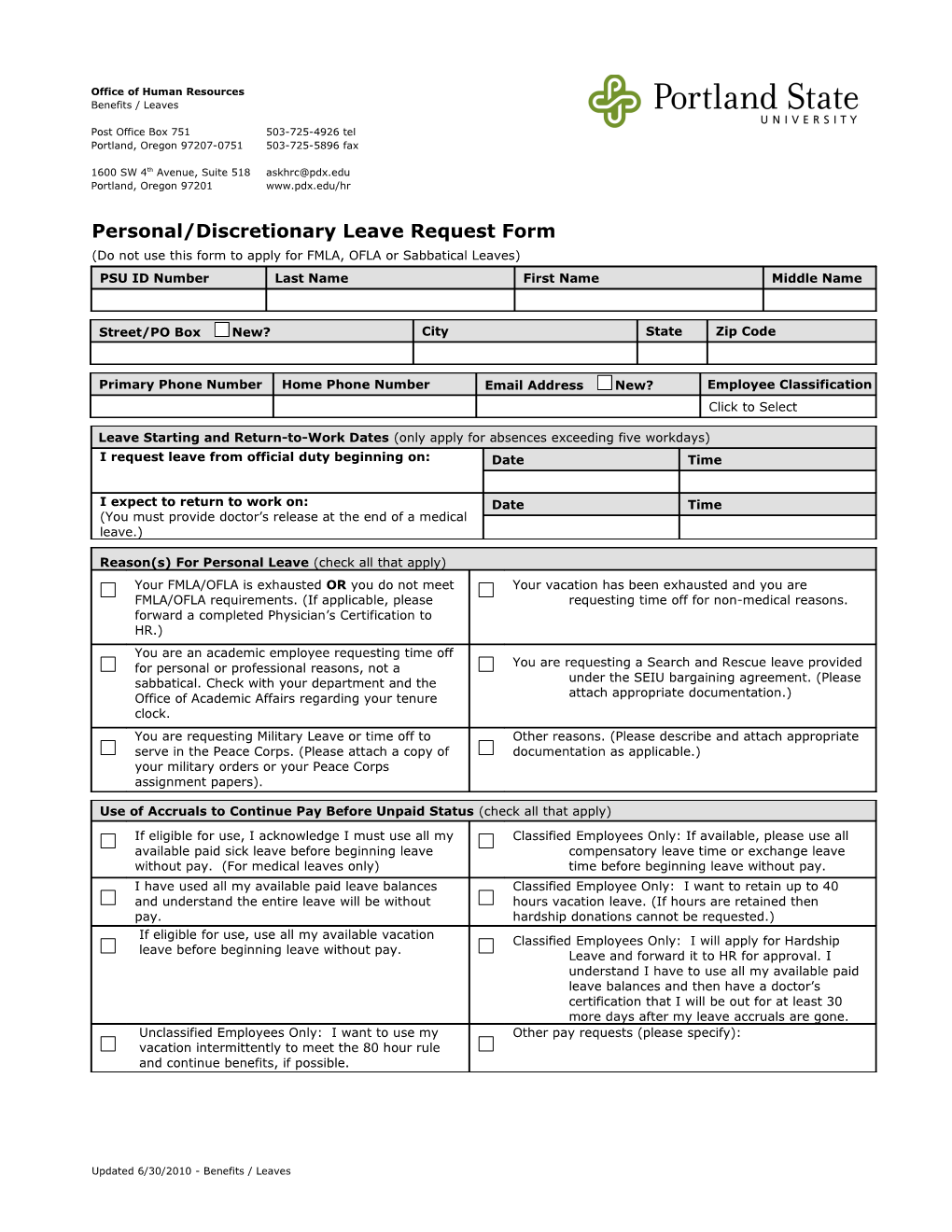 Reason(S) for Personal Leave (Check All That Apply)