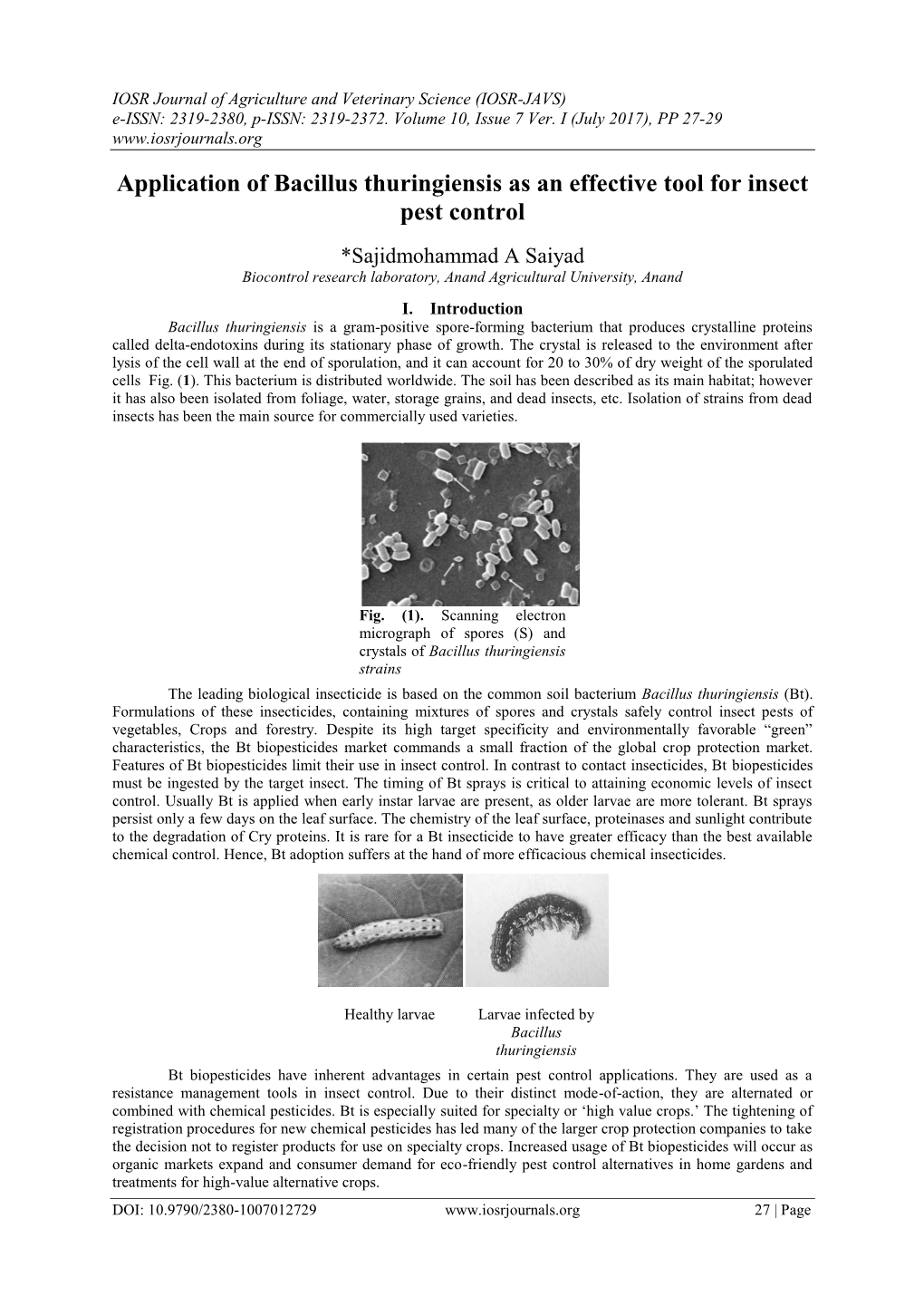 Application of Bacillus Thuringiensis As an Effective Tool for Insect Pest Control