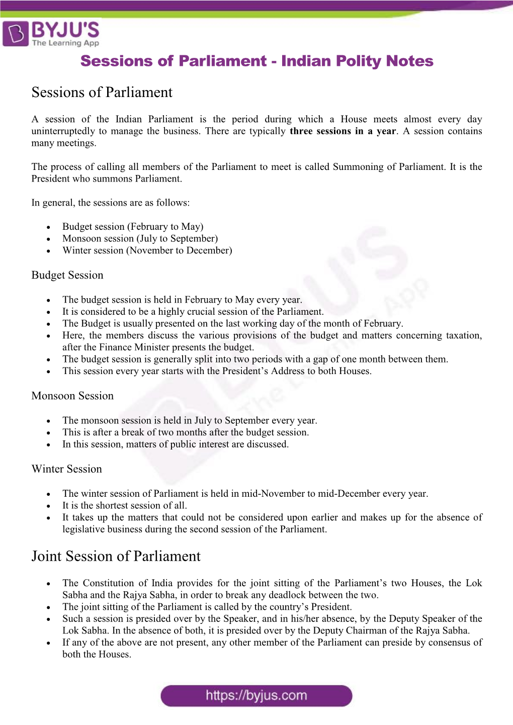 Sessions of Parliament - Indian Polity Notes Sessions of Parliament