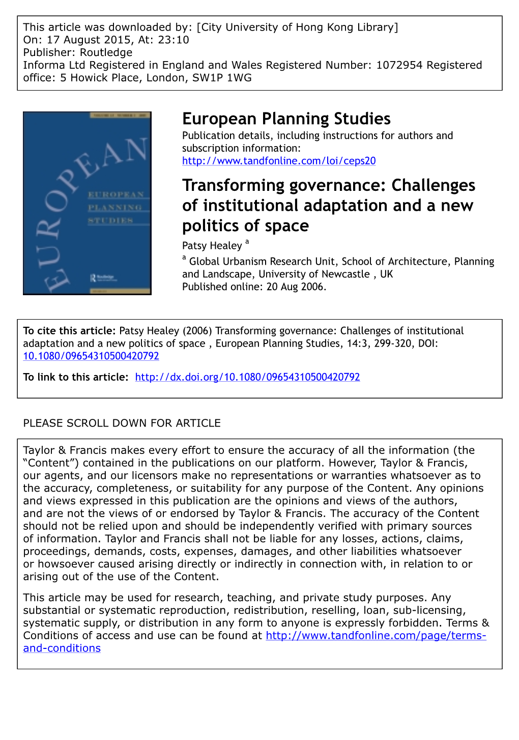 European Planning Studies Transforming Governance: Challenges of Institutional Adaptation and a New Politics of Space