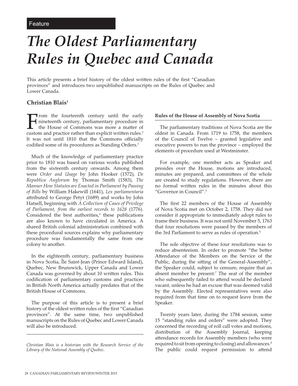 The Oldest Parliamentary Rules in Quebec and Canada