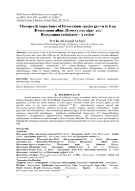 Therapeutic Importance of Hyoscyamus Species Grown in Iraq (Hyoscyamus Albus, Hyoscyamus Niger and Hyoscyamus Reticulates)- a Review