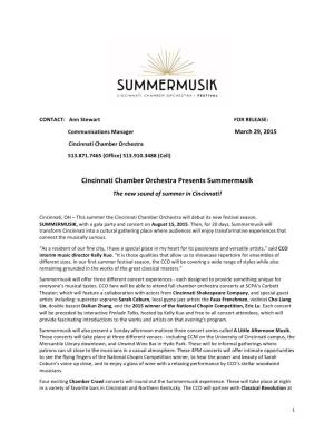 Cincinnati Chamber Orchestra Presents Summermusik the New Sound of Summer in Cincinnati!