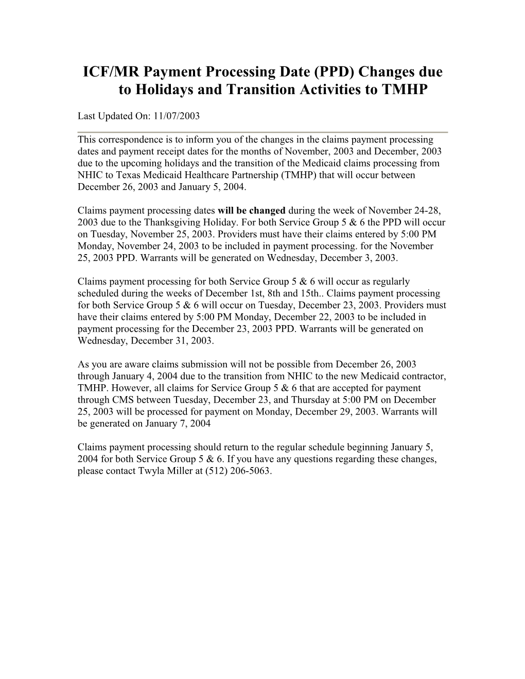 ICF/MR Payment Processing Date (PPD) Changes Due to Holidays and Transition Activities to TMHP