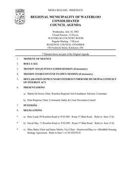 Regional Municipality of Waterloo Consolidated Council Agenda