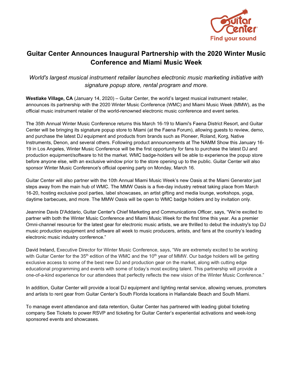 Guitar Center Announces Inaugural Partnership with the 2020 Winter Music Conference and Miami Music Week