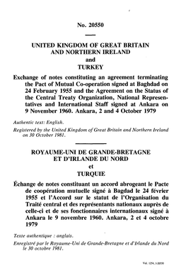 No. 20550 UNITED KINGDOM of GREAT BRITAIN and NORTHERN IRELAND and TURKEY Exchange of Notes Constituting an Agreement Terminatin