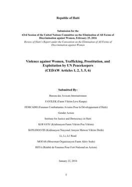 Violence Against Women, Trafficking, Prostitution, and Exploitation by UN Peacekeepers (CEDAW Articles 1, 2, 3, 5, 6)
