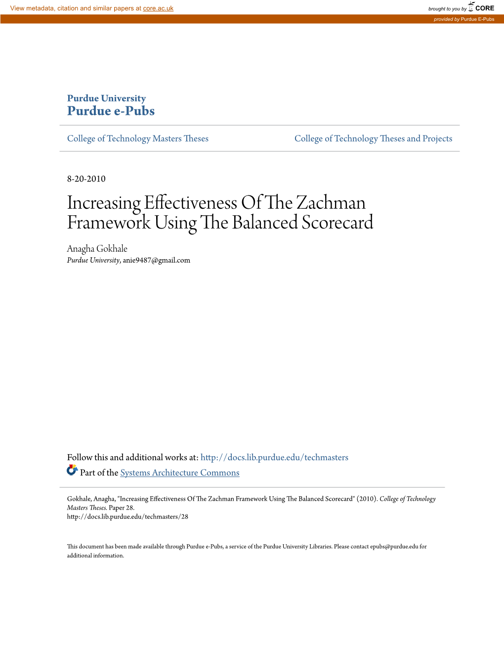 Increasing Effectiveness of the Zachman Framework Using the Balanced Scorecard