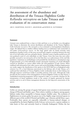 An Assessment of the Abundance and Distribution of the Titicaca Flightless Grebe Rollandia Microptera on Lake Titicaca and Evaluation of Its Conservation Status