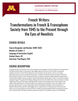 French Writers: Transformations in French & Francophone Society from 1945 to the Present Through the Eyes of Novelists