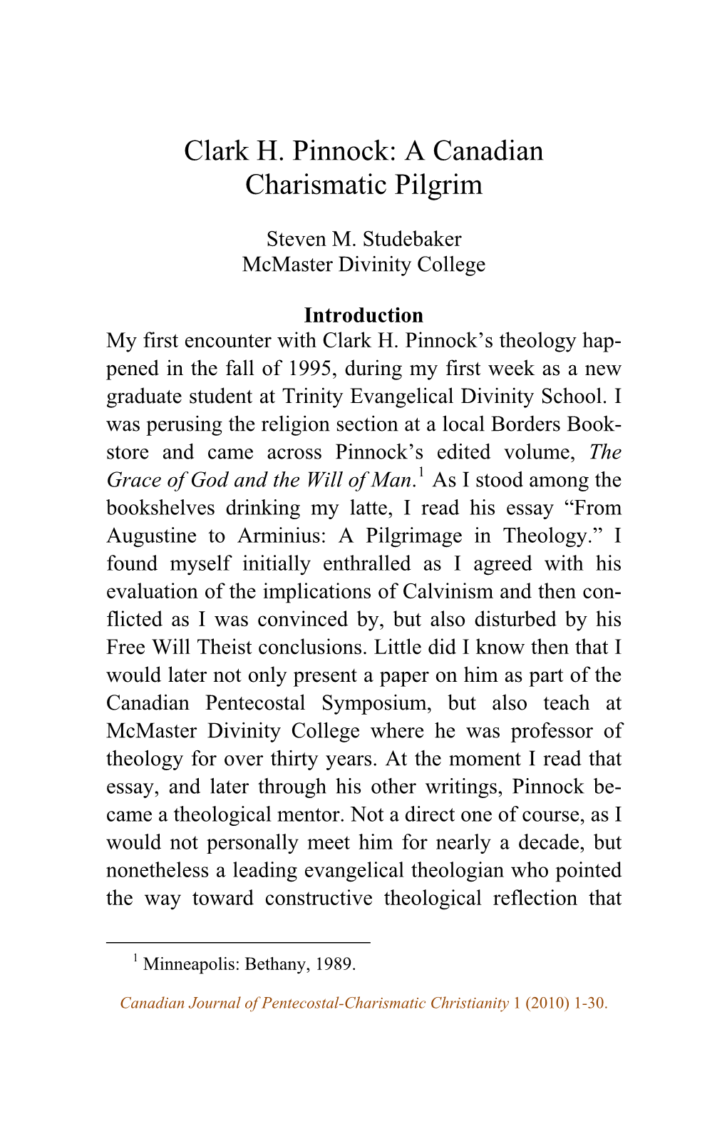 Clark H. Pinnock: a Canadian Charismatic Pilgrim