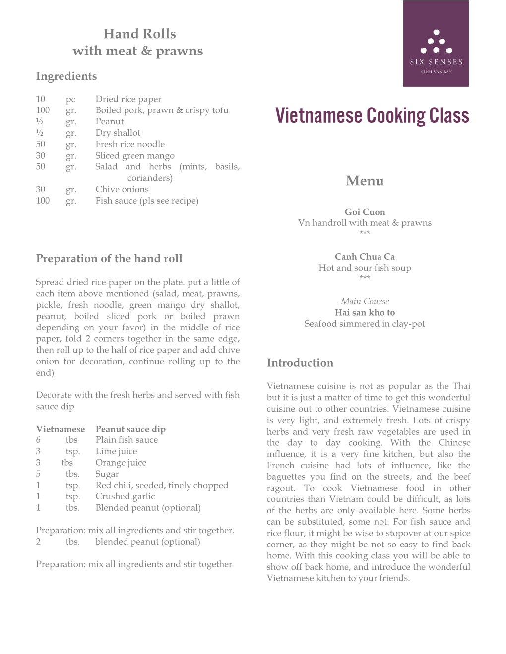 Vietnamese Cooking Class ½ Gr