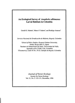 An Ecological Survey of Anopheles Albimanus Larval Habitats in Colombia