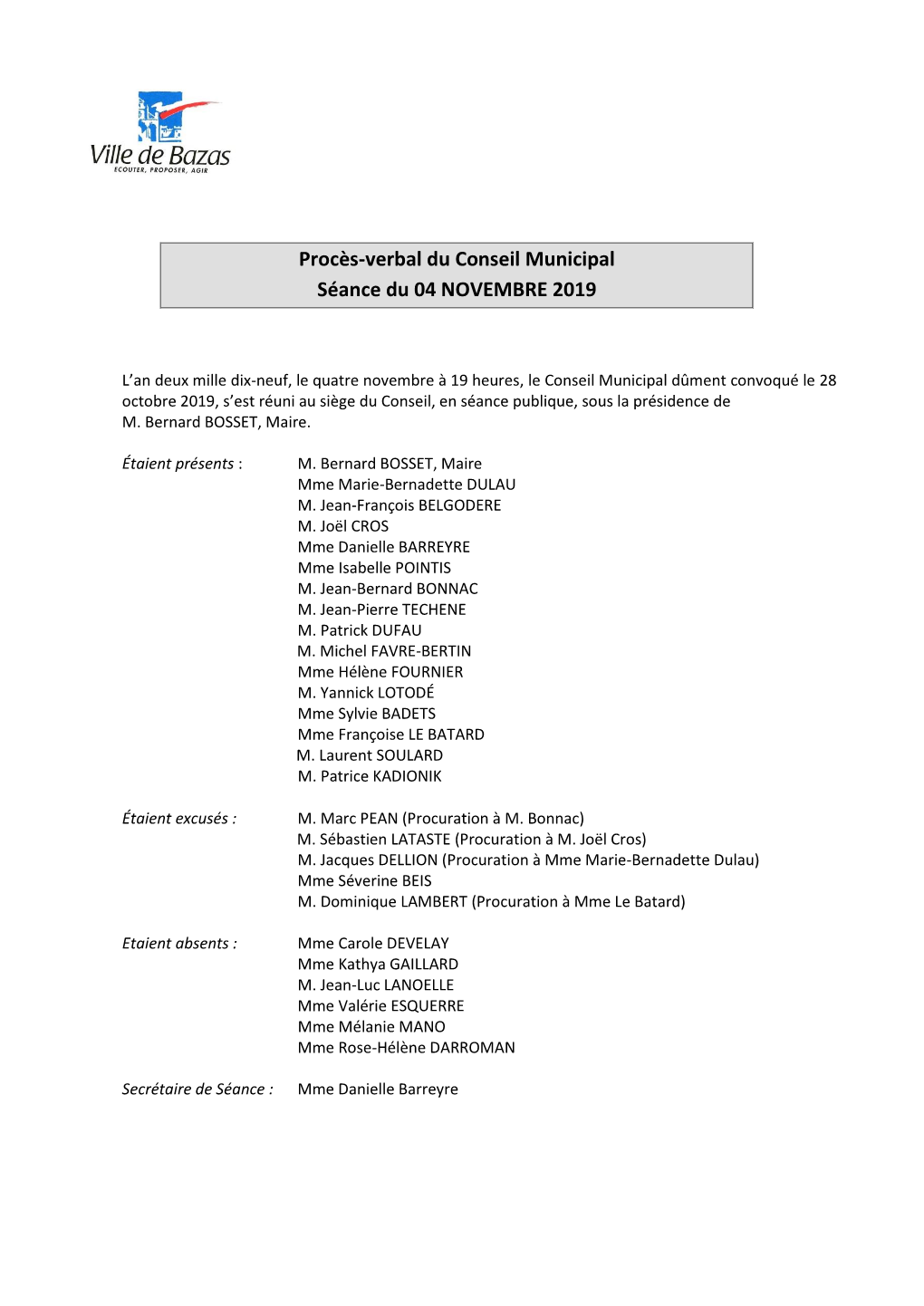 Procès-Verbal Du Conseil Municipal Séance Du 04 NOVEMBRE 2019