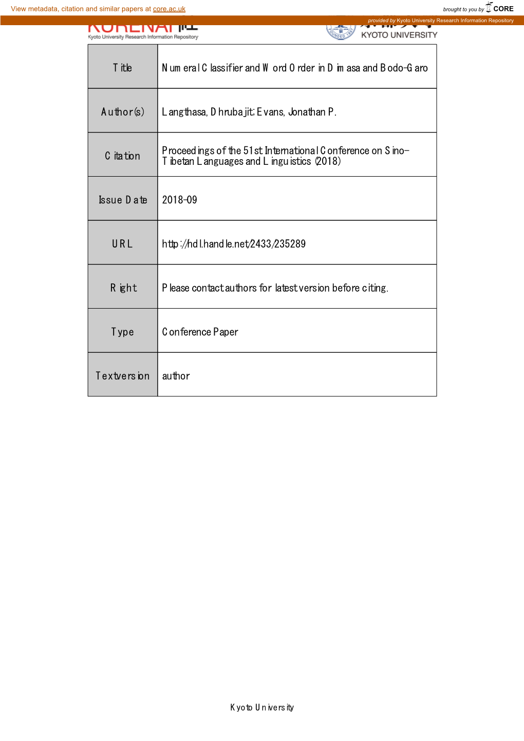 Title Numeral Classifier and Word Order in Dimasa and Bodo-Garo