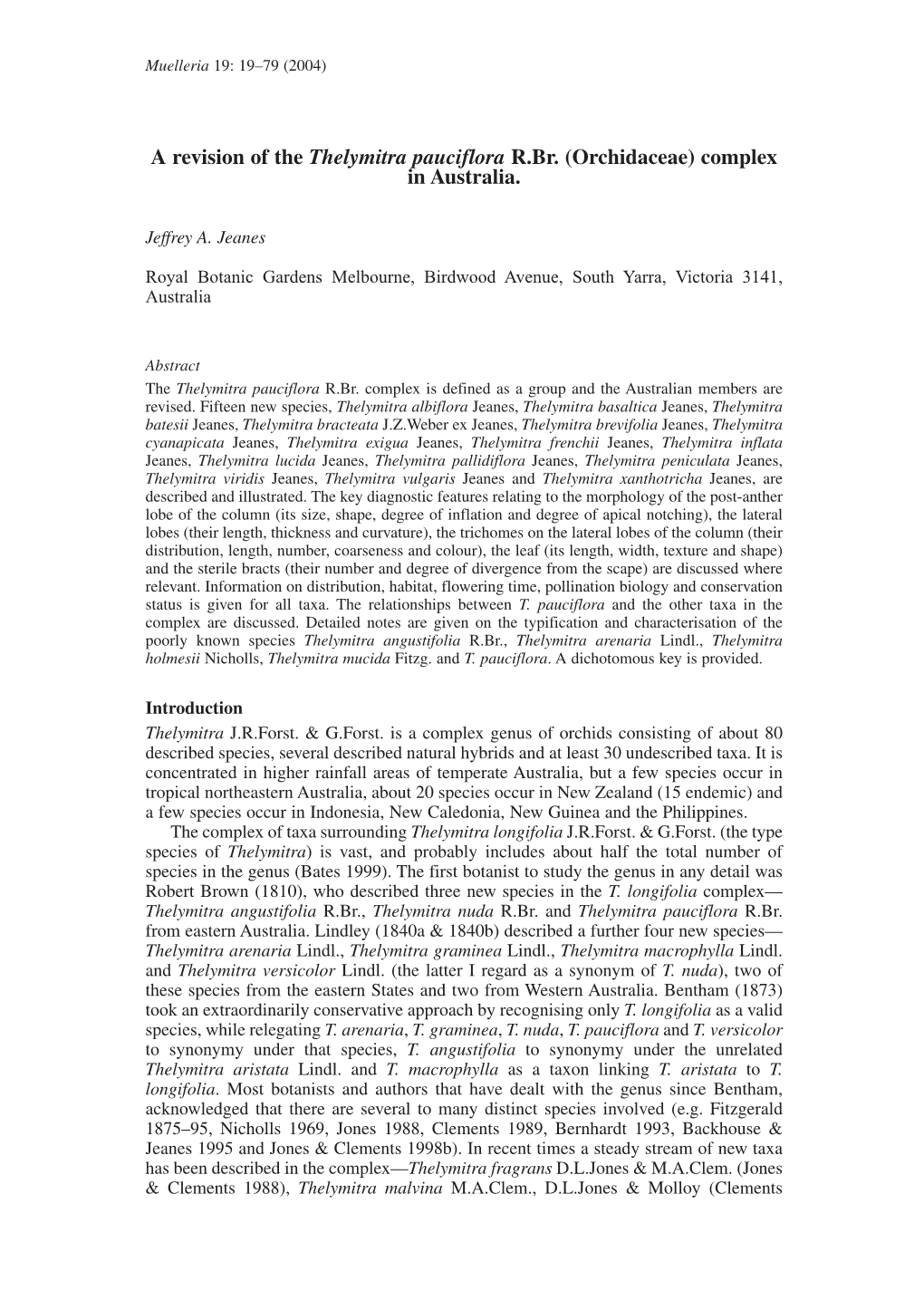 A Revision of the Thelymitra Pauciflora R.Br. (Orchidaceae) Complex in Australia