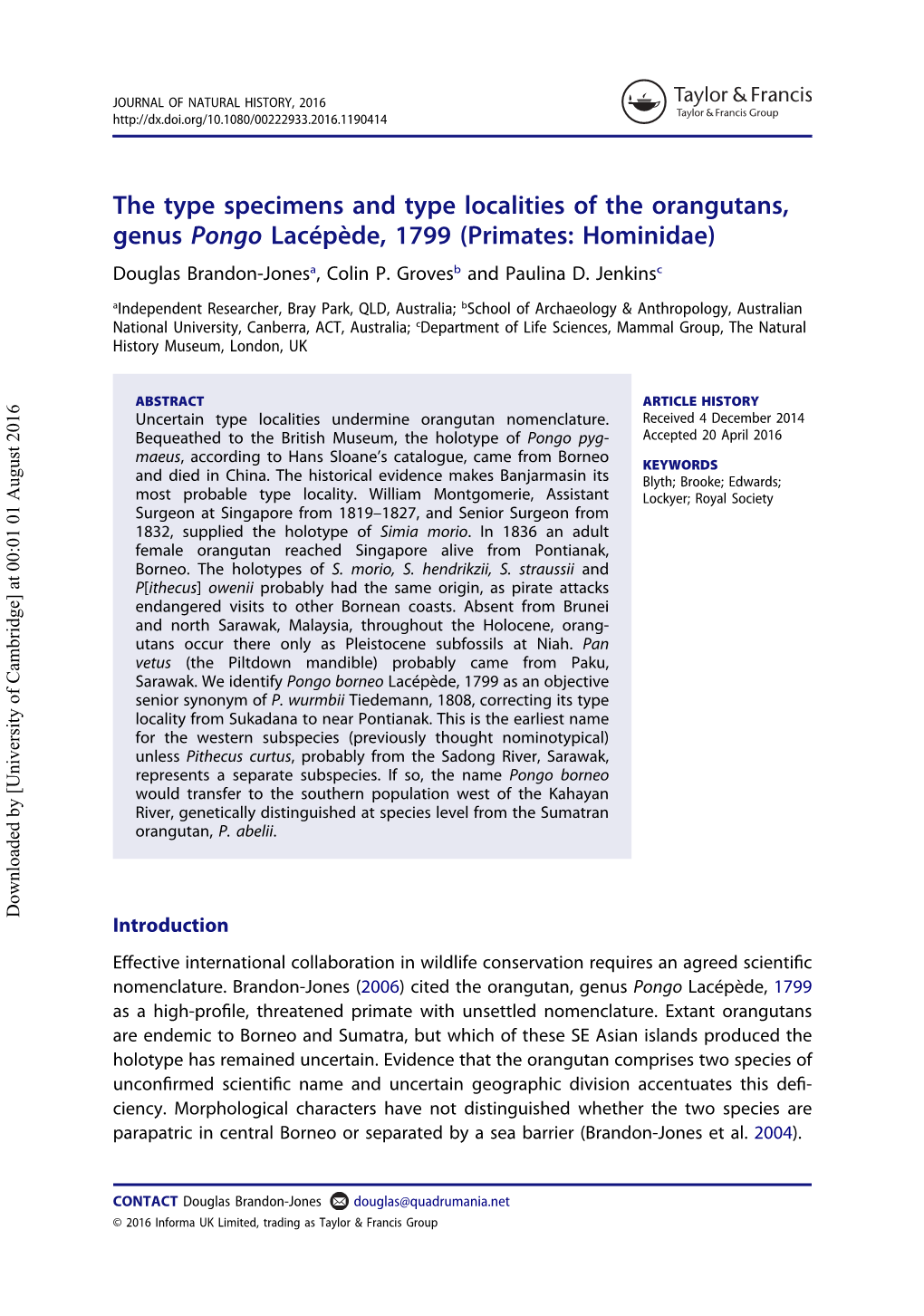 Primates: Hominidae) Douglas Brandon-Jonesa, Colin P