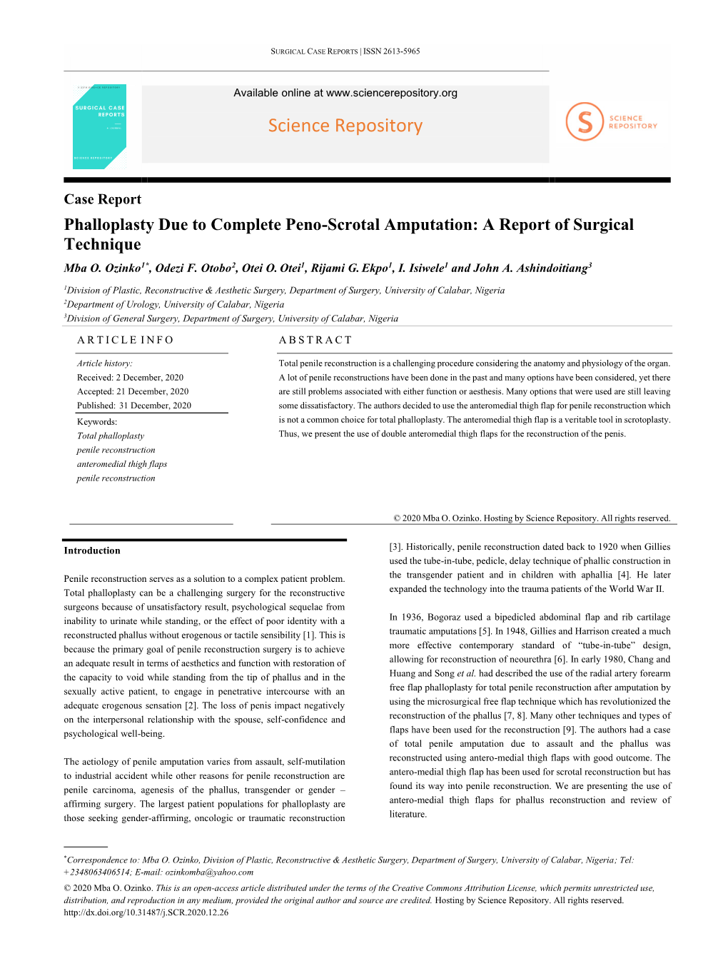 Phalloplasty Due to Complete Peno-Scrotal Amputation: a Report of Surgical Technique Mba O