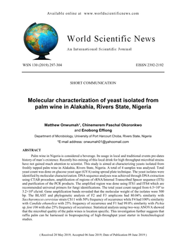 Molecular Characterization of Yeast Isolated from Palm Wine in Alakahia, Rivers State, Nigeria