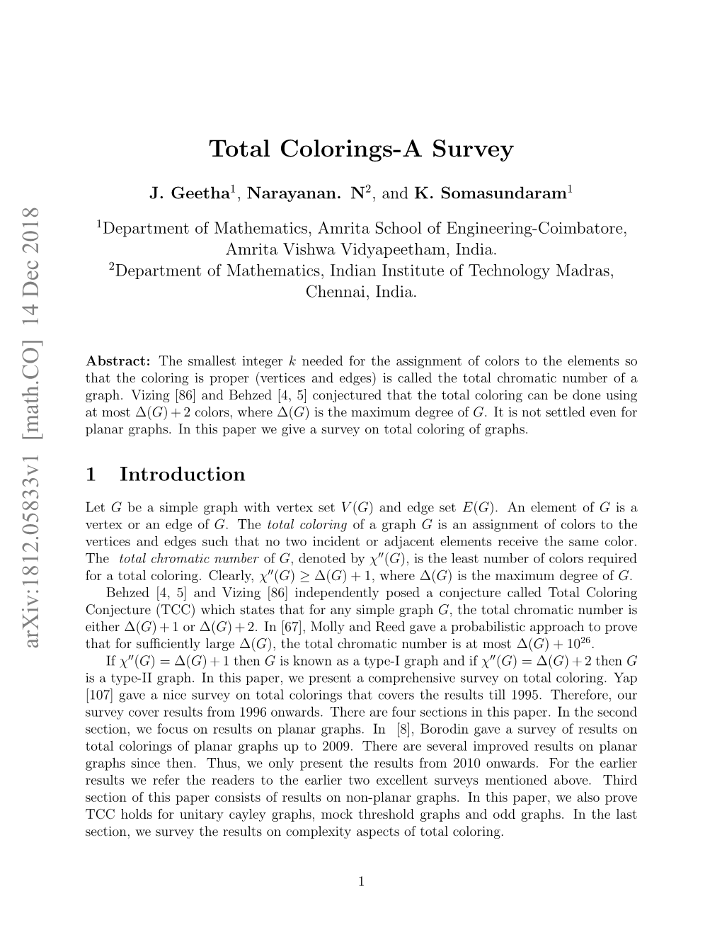 Arxiv:1812.05833V1 [Math.CO] 14 Dec 2018 Total Colorings-A Survey